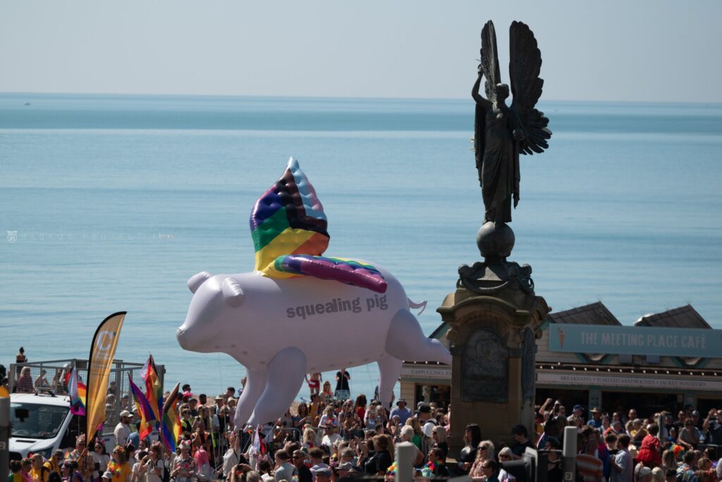 Flying Pig with Rainbow Wings for Squealing Pigs Wines at London Pride